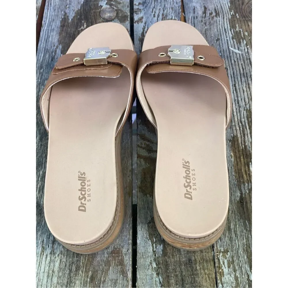 Dr. Scholl’s Island Icon Tan Slide Sandals Gold Buckle Women’s Size 8.5W